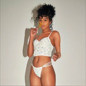 NEW!! 2PC SET! Moxy Intimates Floral Y2K Bustier Bra Crop Top & Thong, S Small